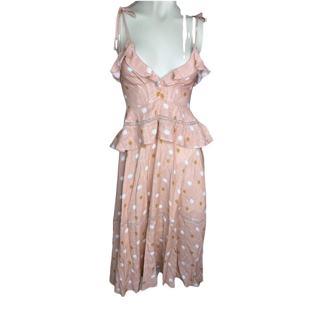 Women's Boho Polka Dot Midi Dress Pink Ruffle Tie Strap Cottagecore S